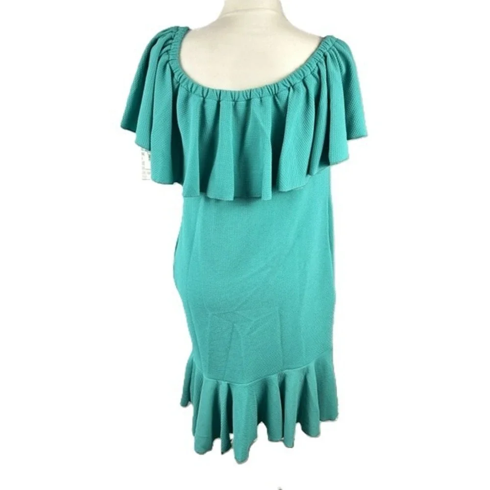 LuLaRoe Cici Flounce Dress Large On/Off Shoulder Ruffle Mermaid Hem Raised Knit